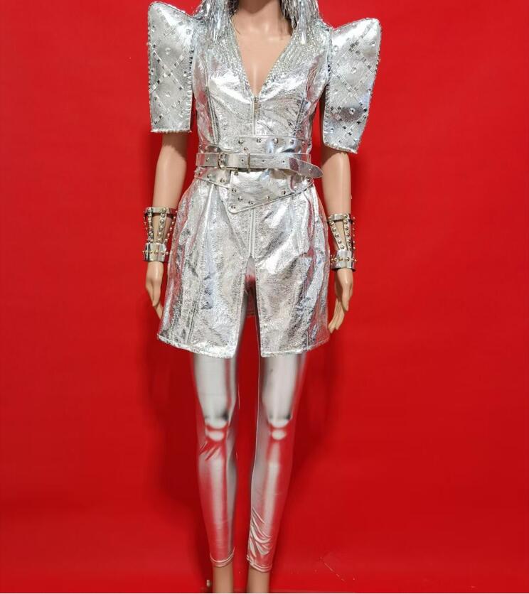 Silver Rivets Rhinestones Jacket Pants Evening Outfit Set Women Dance Prom Performance Birthday Celebrate Costume Set