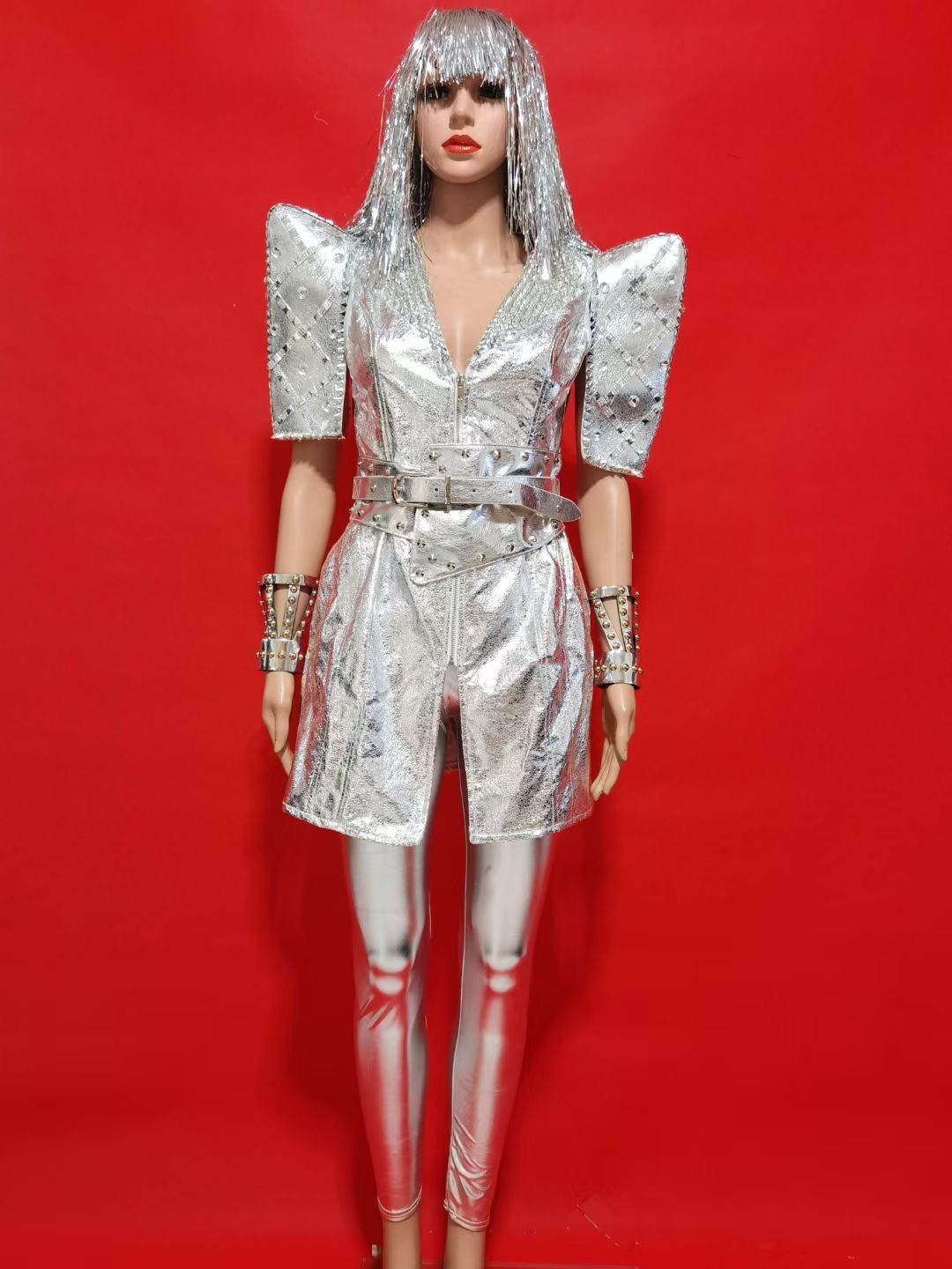 Silver Rivets Rhinestones Jacket Pants Evening Outfit Set Women Dance Prom Performance Birthday Celebrate Costume Set