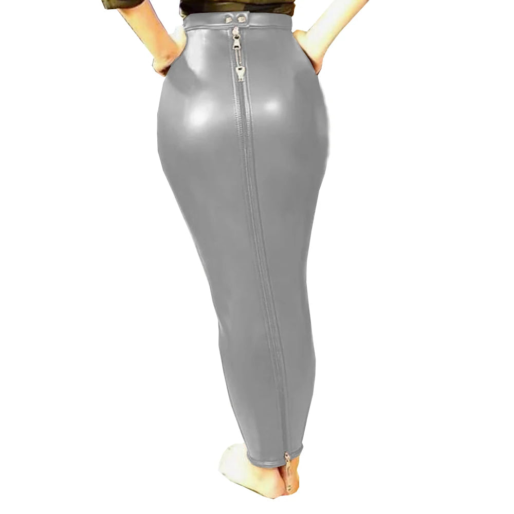 High Waist Bodycon Hobble Bondage Lockable Full Zip Skirt Women PU Leather Slim Long Pencil Skirts Goth Fun Costume S-7XL