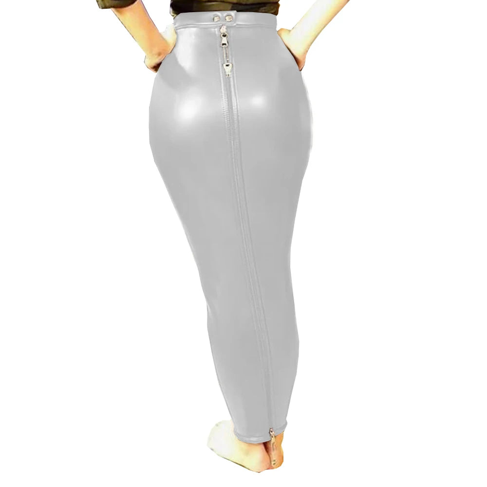 High Waist Bodycon Hobble Bondage Lockable Full Zip Skirt Women PU Leather Slim Long Pencil Skirts Goth Fun Costume S-7XL