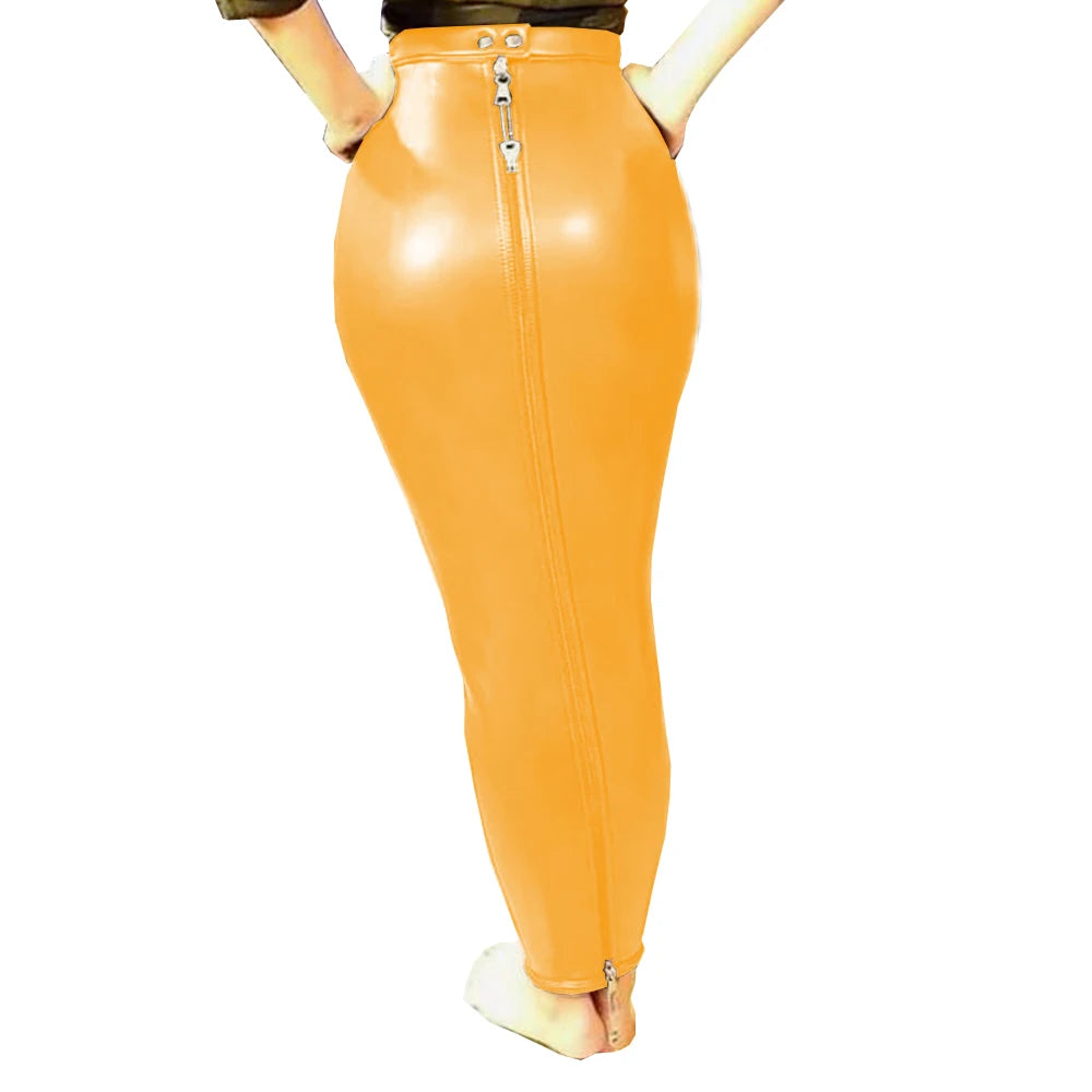 High Waist Bodycon Hobble Bondage Lockable Full Zip Skirt Women PU Leather Slim Long Pencil Skirts Goth Fun Costume S-7XL