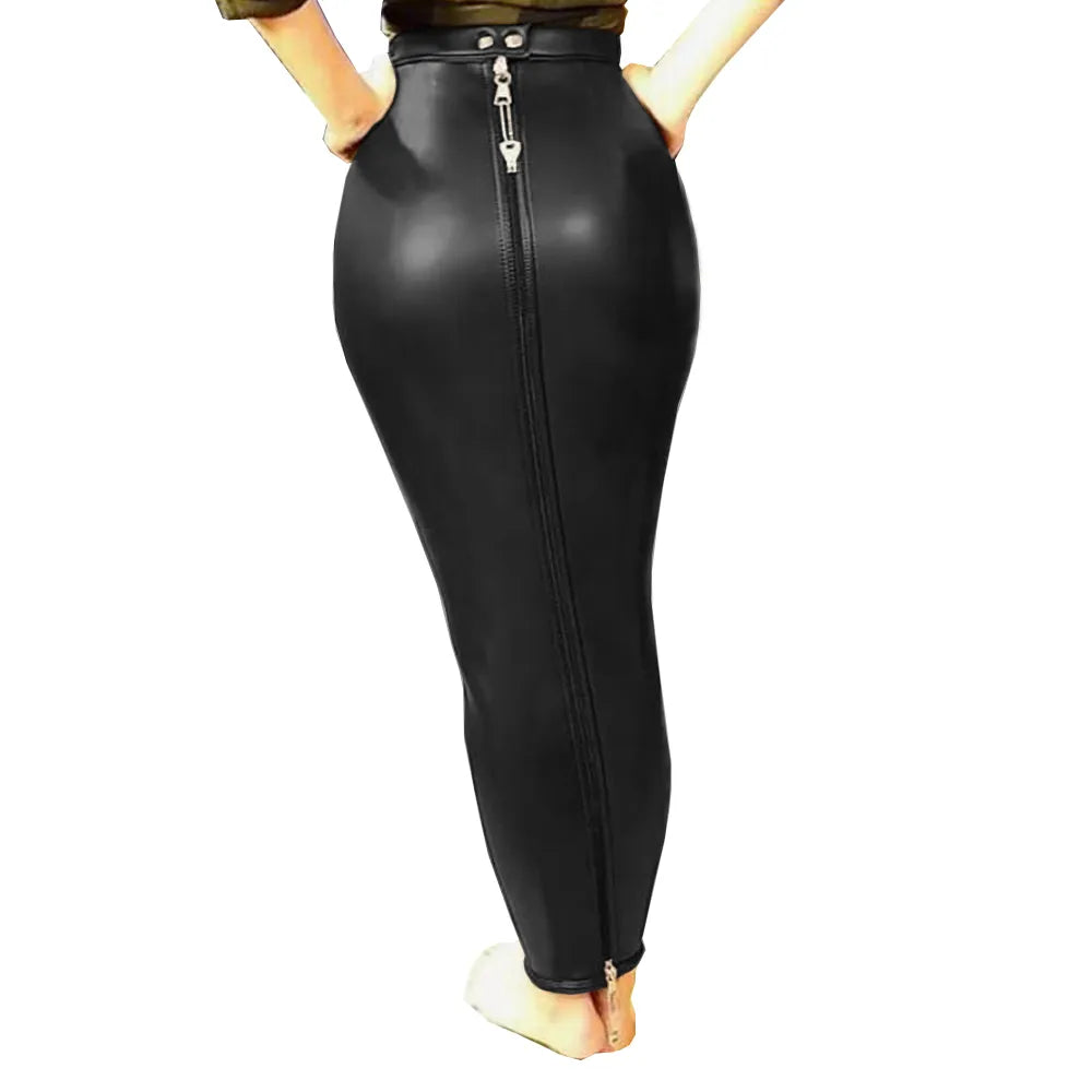 High Waist Bodycon Hobble Bondage Lockable Full Zip Skirt Women PU Leather Slim Long Pencil Skirts Goth Fun Costume S-7XL