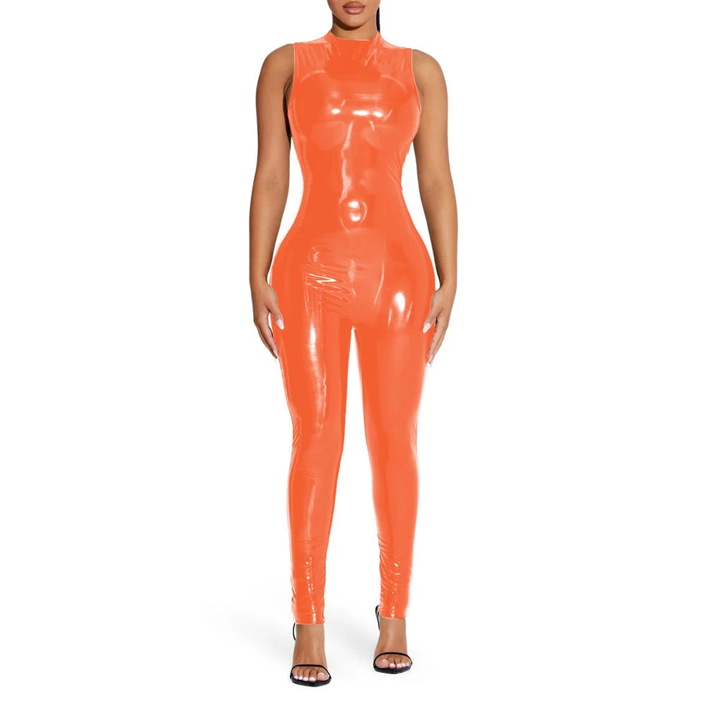 Sleeveless Jumpsuit Sexy Gloosy PVC Leather Bodycon Stretch Slim Rompers Tank Catsuit Skinny Ankle-Length Pants Club Punk 7XL