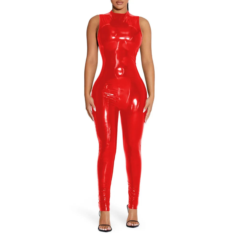 Sleeveless Jumpsuit Sexy Gloosy PVC Leather Bodycon Stretch Slim Rompers Tank Catsuit Skinny Ankle-Length Pants Club Punk 7XL