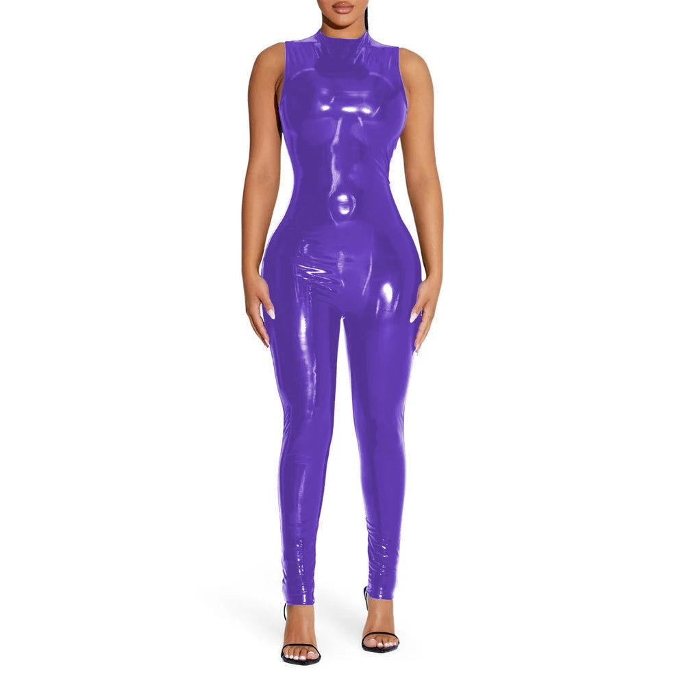 Sleeveless Jumpsuit Sexy Gloosy PVC Leather Bodycon Stretch Slim Rompers Tank Catsuit Skinny Ankle-Length Pants Club Punk 7XL
