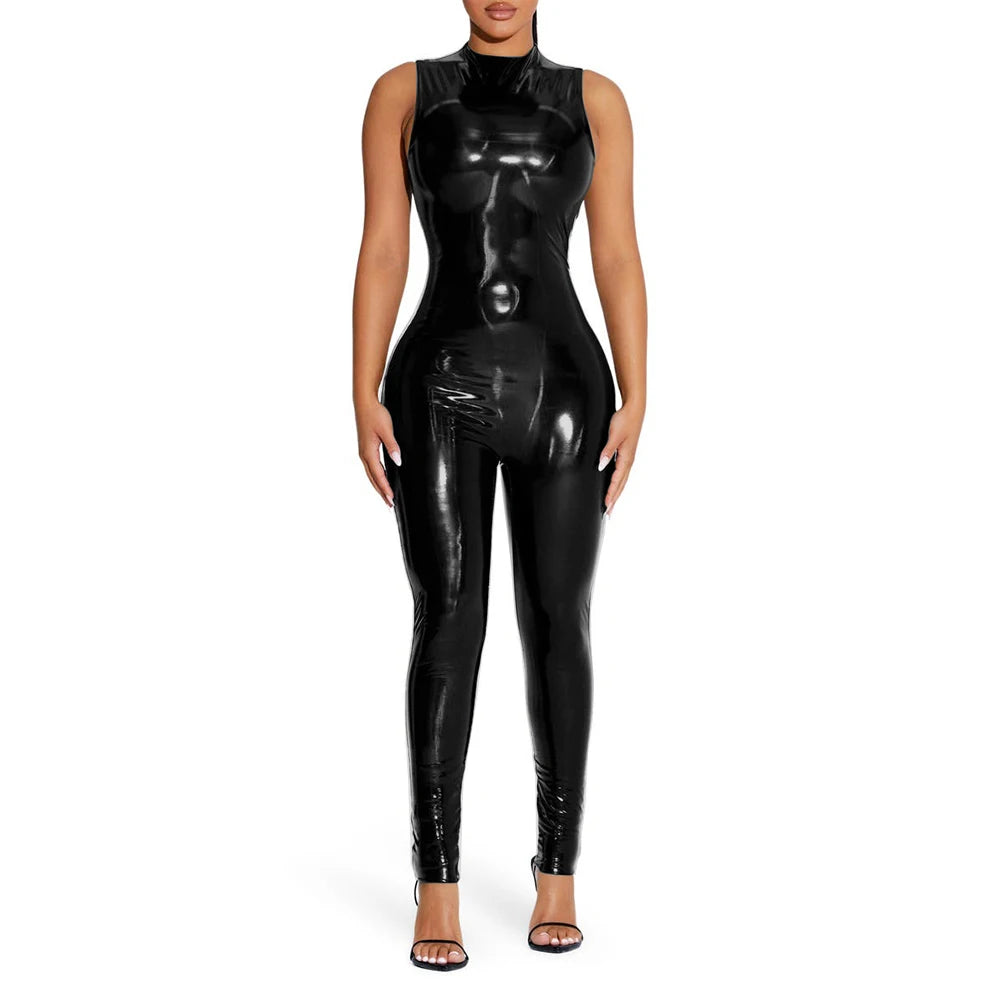Sleeveless Jumpsuit Sexy Gloosy PVC Leather Bodycon Stretch Slim Rompers Tank Catsuit Skinny Ankle-Length Pants Club Punk 7XL