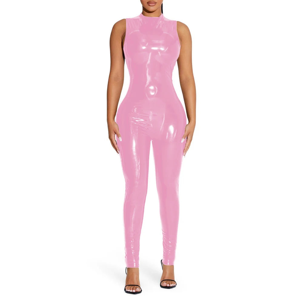 Sleeveless Jumpsuit Sexy Gloosy PVC Leather Bodycon Stretch Slim Rompers Tank Catsuit Skinny Ankle-Length Pants Club Punk 7XL