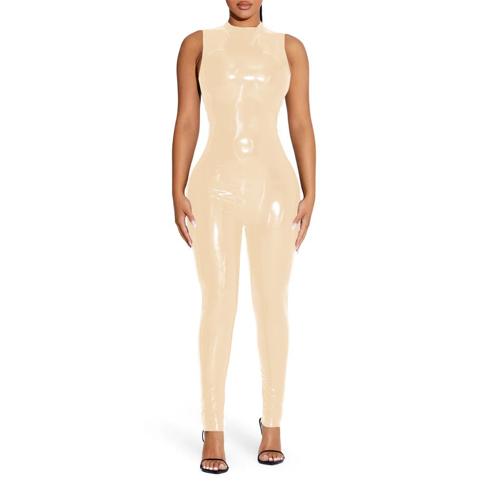 Sleeveless Jumpsuit Sexy Gloosy PVC Leather Bodycon Stretch Slim Rompers Tank Catsuit Skinny Ankle-Length Pants Club Punk 7XL