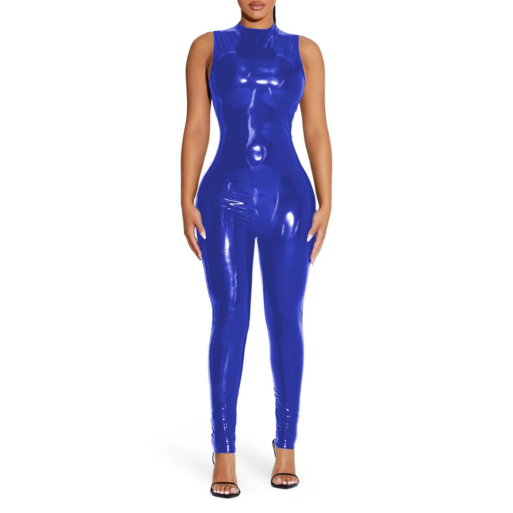 Sleeveless Jumpsuit Sexy Gloosy PVC Leather Bodycon Stretch Slim Rompers Tank Catsuit Skinny Ankle-Length Pants Club Punk 7XL