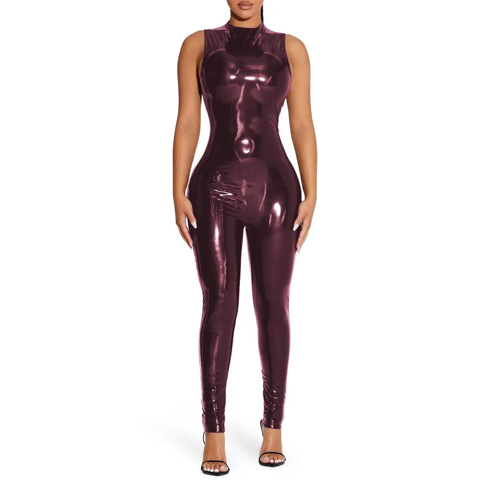 Sleeveless Jumpsuit Sexy Gloosy PVC Leather Bodycon Stretch Slim Rompers Tank Catsuit Skinny Ankle-Length Pants Club Punk 7XL