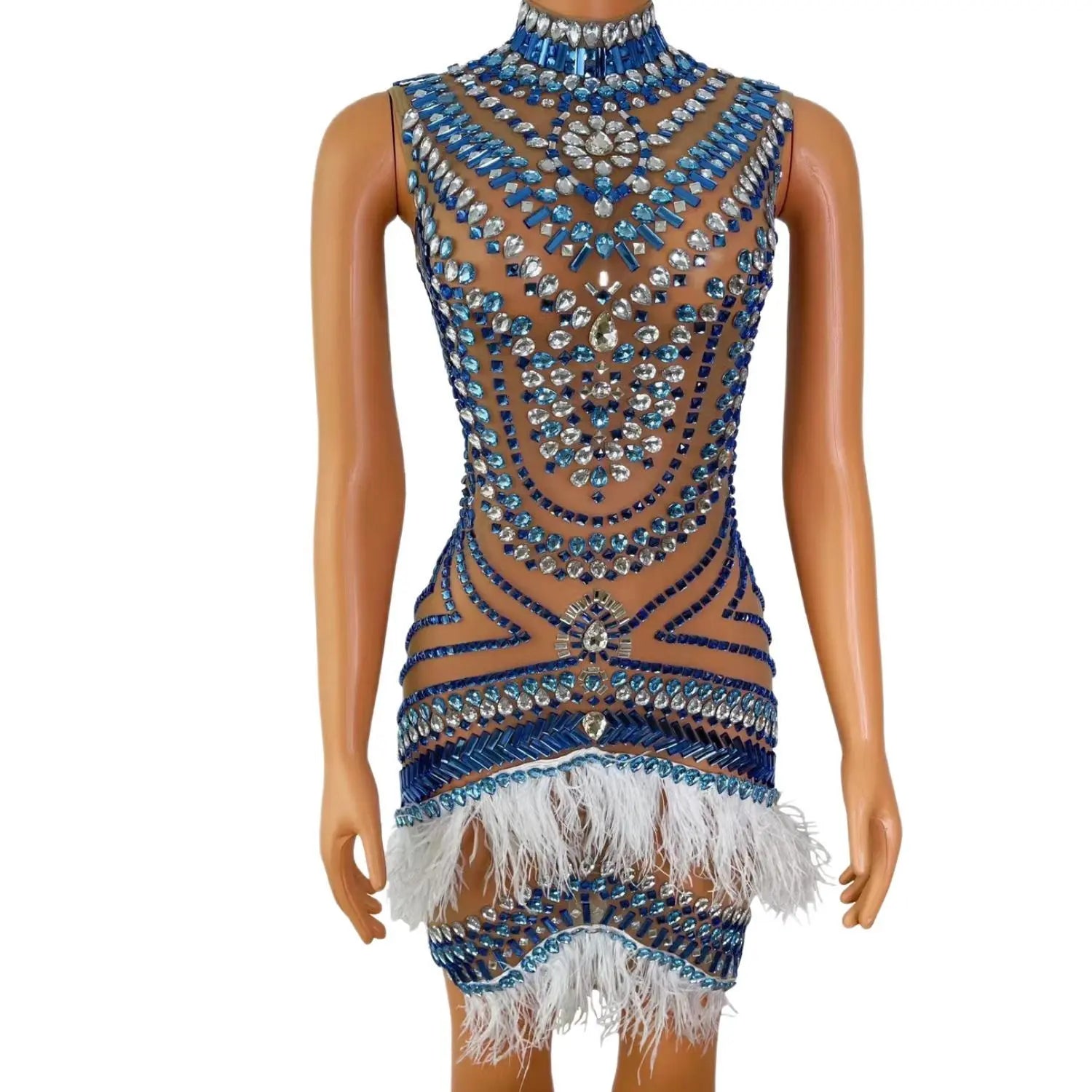 Sleeveless Rhinestone Short Dresses for Women Blue Crystals Feather Stretch Birthday Queen Dresses Drag Queen DJ DS Outfit
