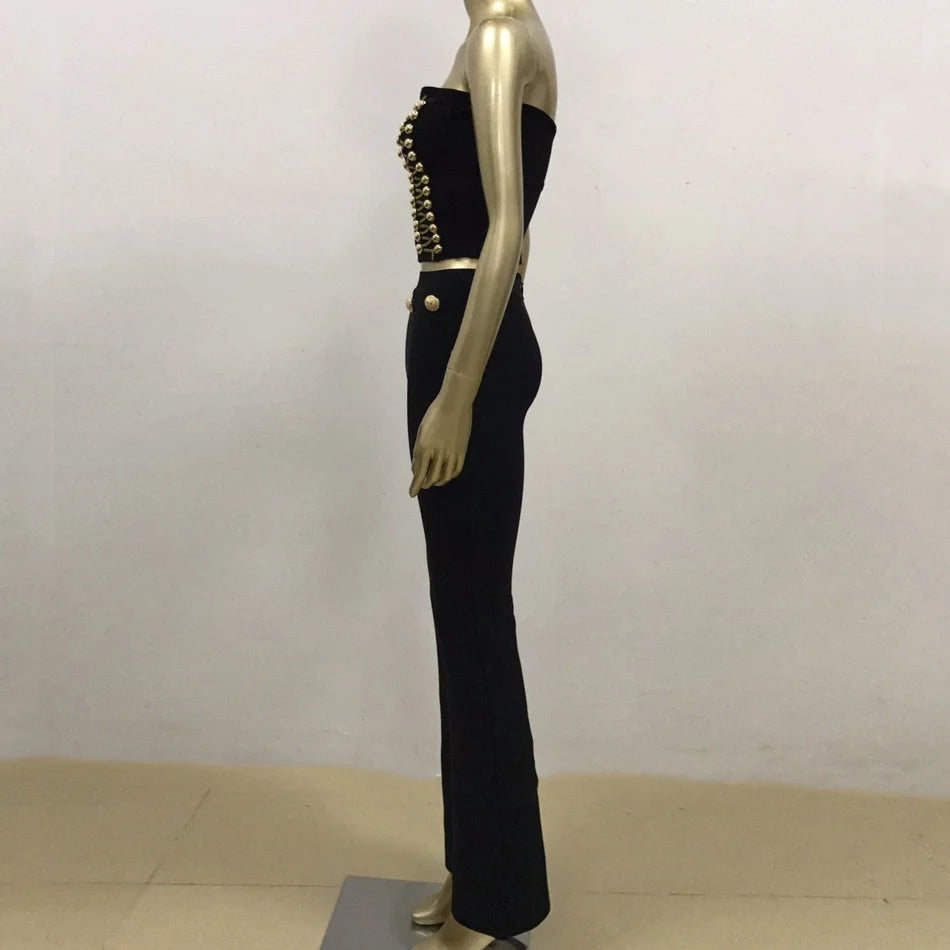 Slim Cut Strapless Gold Button Embellished Two Piece Bandage Pants Set Sleeveless Off The Shoulder Long Leg Skinny Pants