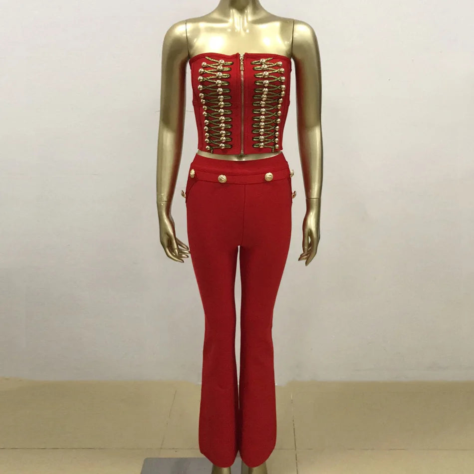 Slim Cut Strapless Gold Button Embellished Two Piece Bandage Pants Set Sleeveless Off The Shoulder Long Leg Skinny Pants