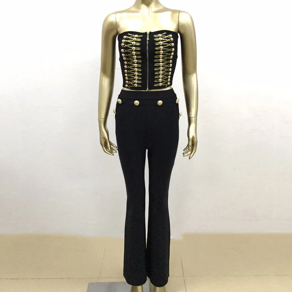 Slim Cut Strapless Gold Button Embellished Two Piece Bandage Pants Set Sleeveless Off The Shoulder Long Leg Skinny Pants