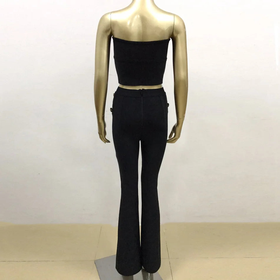 Slim Cut Strapless Gold Button Embellished Two Piece Bandage Pants Set Sleeveless Off The Shoulder Long Leg Skinny Pants