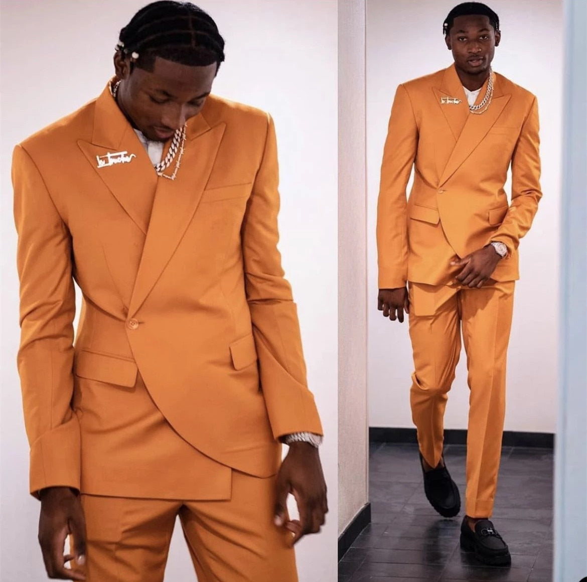 Slim Fit Men's Orange One Button Blazer Suits Peaked Lapel Pocket Tuxedos 2 Pieces Casual Party Prom Jacket Pant Sets