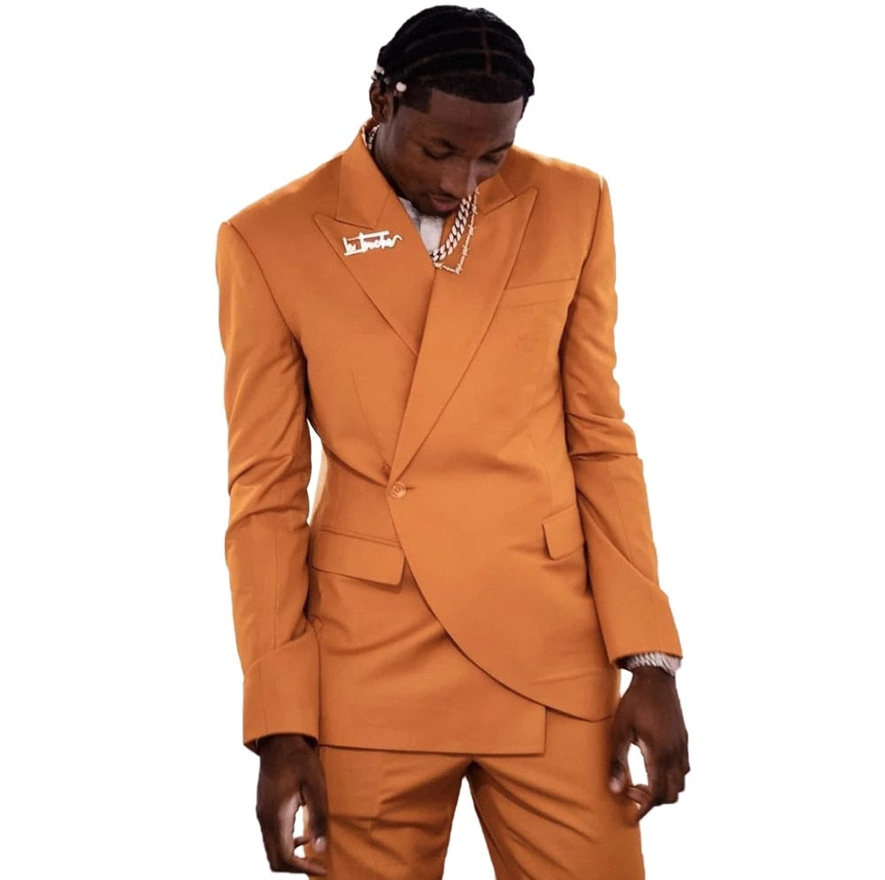 Slim Fit Men's Orange One Button Blazer Suits Peaked Lapel Pocket Tuxedos 2 Pieces Casual Party Prom Jacket Pant Sets