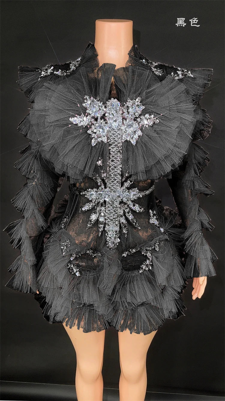 Sparking Diamonds Crystal Sexy Mesh See Through Bodycon Mini Dress Women Birthday Party Celebrate Performance Costume