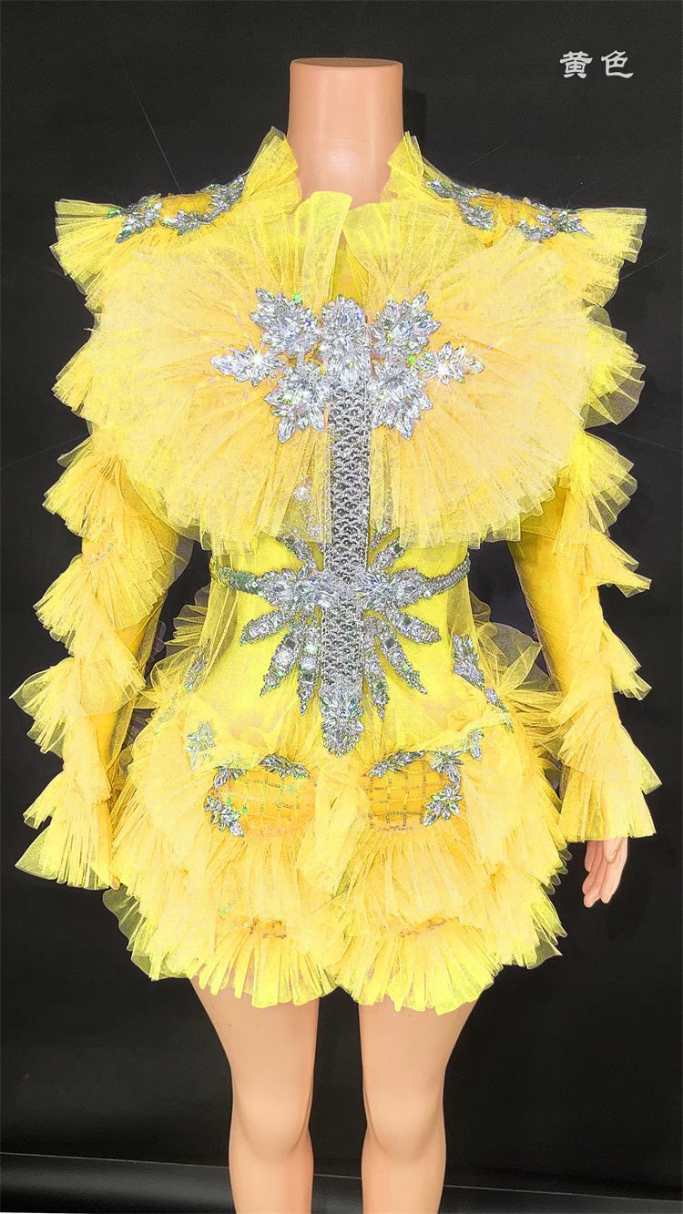 Sparking Diamonds Crystal Sexy Mesh See Through Bodycon Mini Dress Women Birthday Party Celebrate Performance Costume