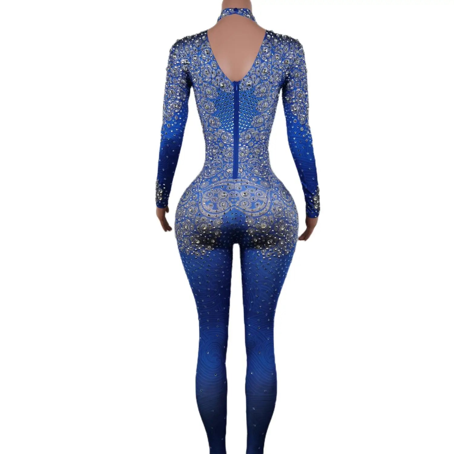 Sparkle Blue Rhinestones Jumpsuit Woman Stretch Leggings Singer Costume Birthday Party Club Stage Outfit Spandex