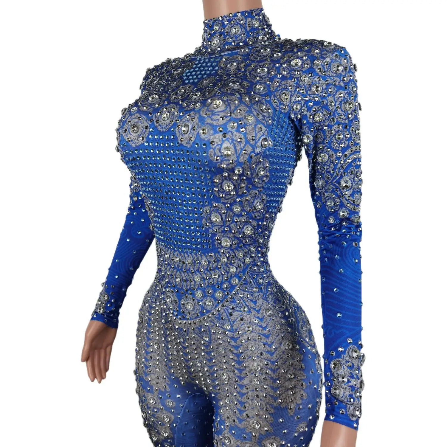 Sparkle Blue Rhinestones Jumpsuit Woman Stretch Leggings Singer Costume Birthday Party Club Stage Outfit Spandex