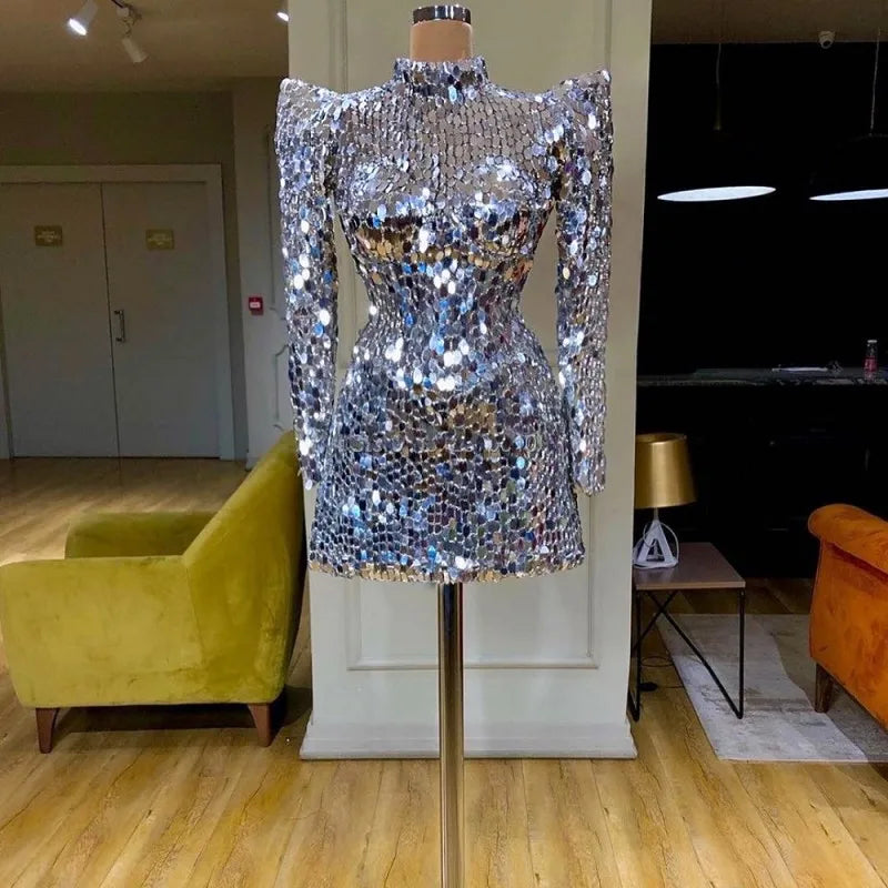 Sparkle Silver Evening Dresses Sequin Custom Made Full Sleeve Evening Gowns Stand Shoulder Vestido De Curto Short Formal Dress