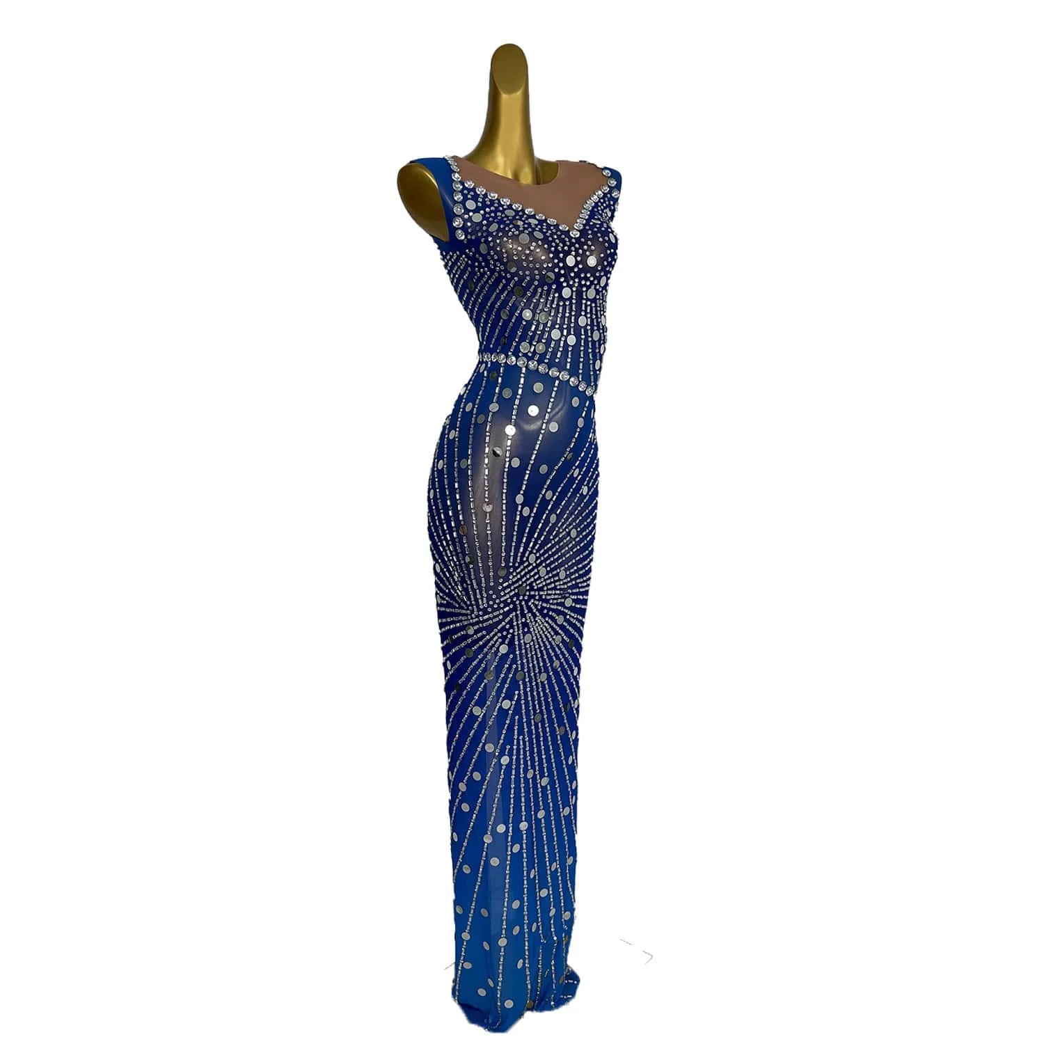 Sparkling Blue Lens Mesh Diamond Dress Birthday Party Nighttime Long Dress Performance Wedding Prom Gowns