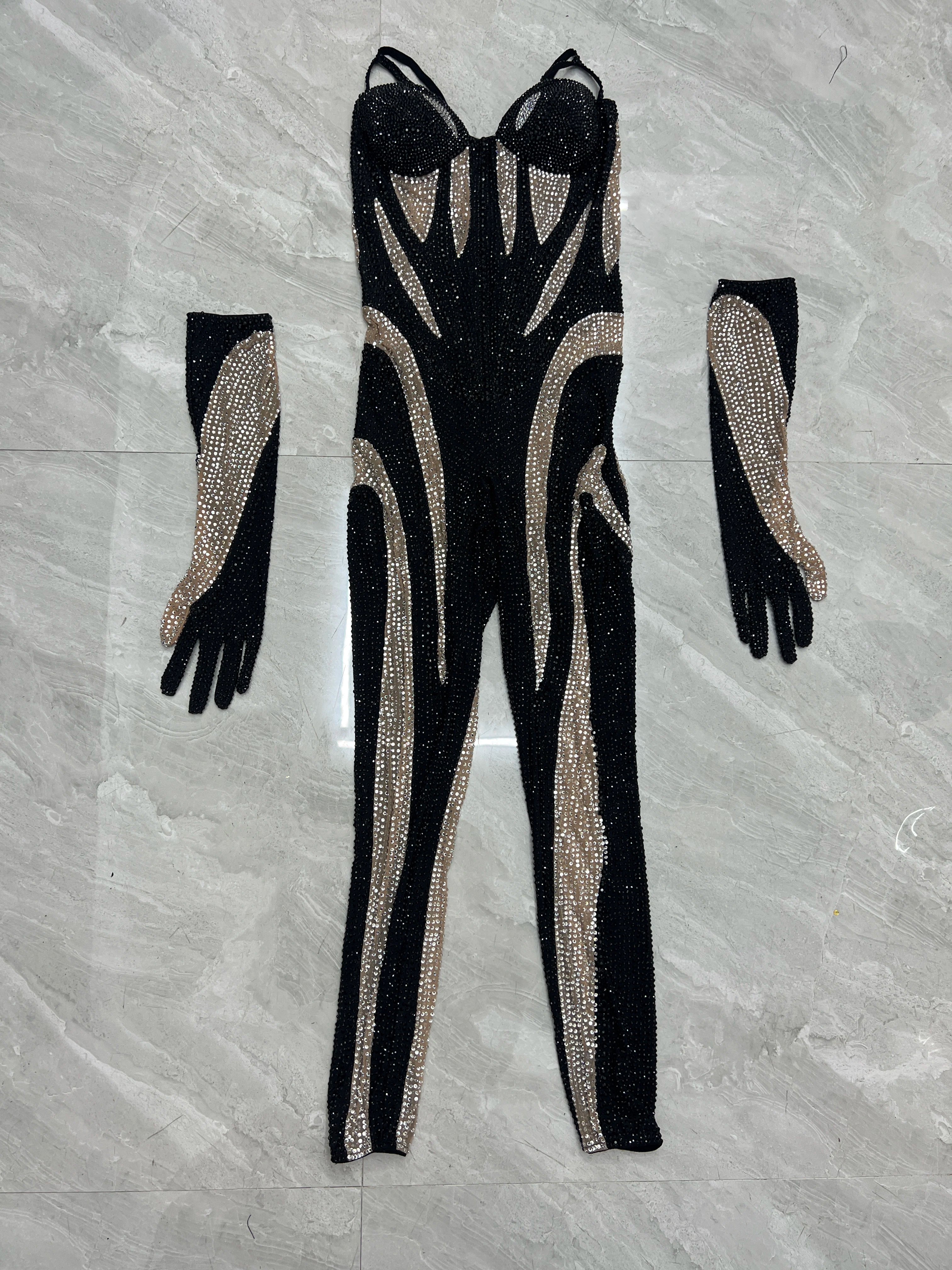 Sparkly Black Silver Rhinestones Outfit Bodysuit Golves Transparent Birthday Sexy Dance Costume Evening Celebrate