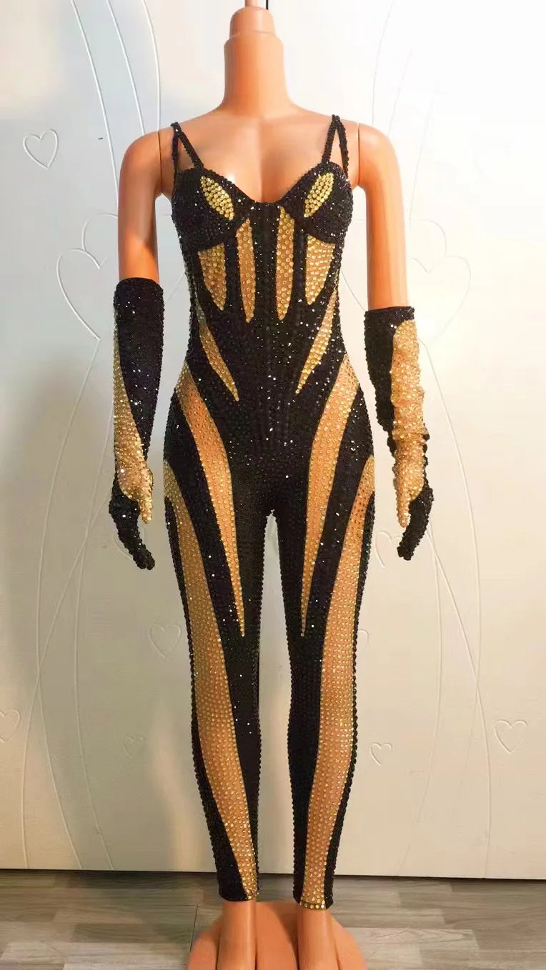 Sparkly Black Silver Rhinestones Outfit Bodysuit Golves Transparent Birthday Sexy Dance Costume Evening Celebrate
