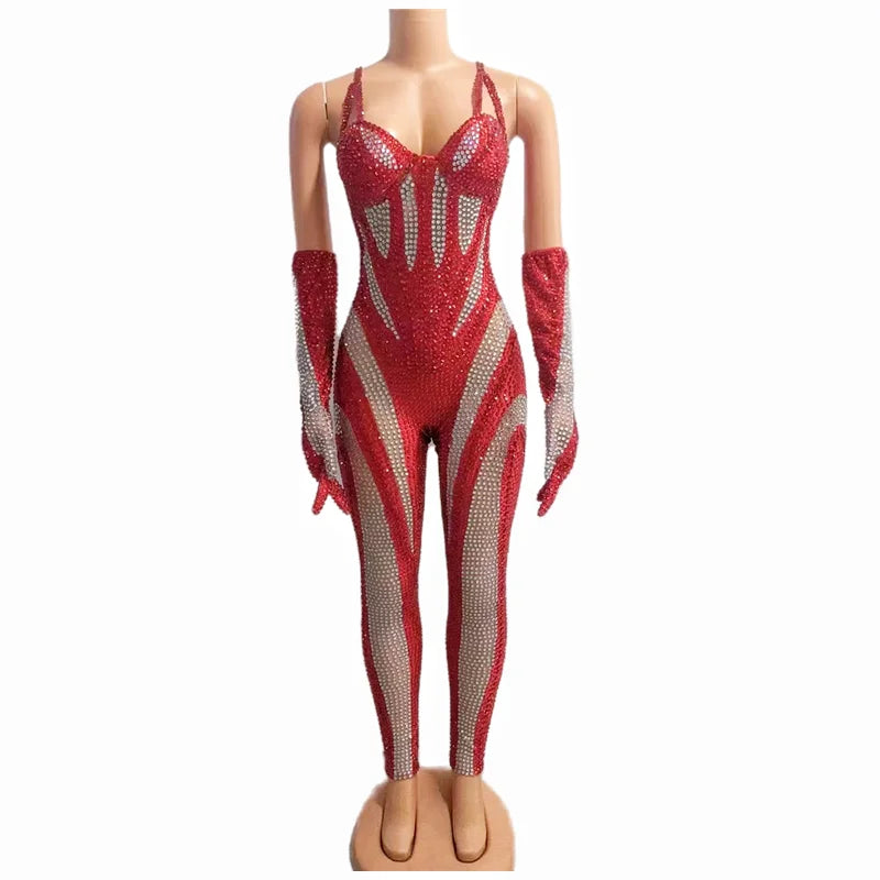 Sparkly Black Silver Rhinestones Outfit Bodysuit Golves Transparent Birthday Sexy Dance Costume Evening Celebrate