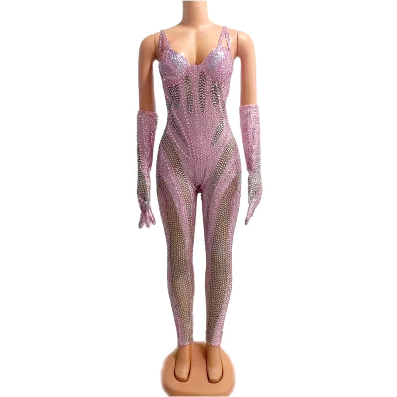 Sparkly Black Silver Rhinestones Outfit Bodysuit Golves Transparent Birthday Sexy Dance Costume Evening Celebrate