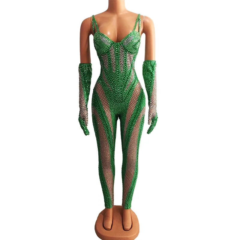 Sparkly Black Silver Rhinestones Outfit Bodysuit Golves Transparent Birthday Sexy Dance Costume Evening Celebrate