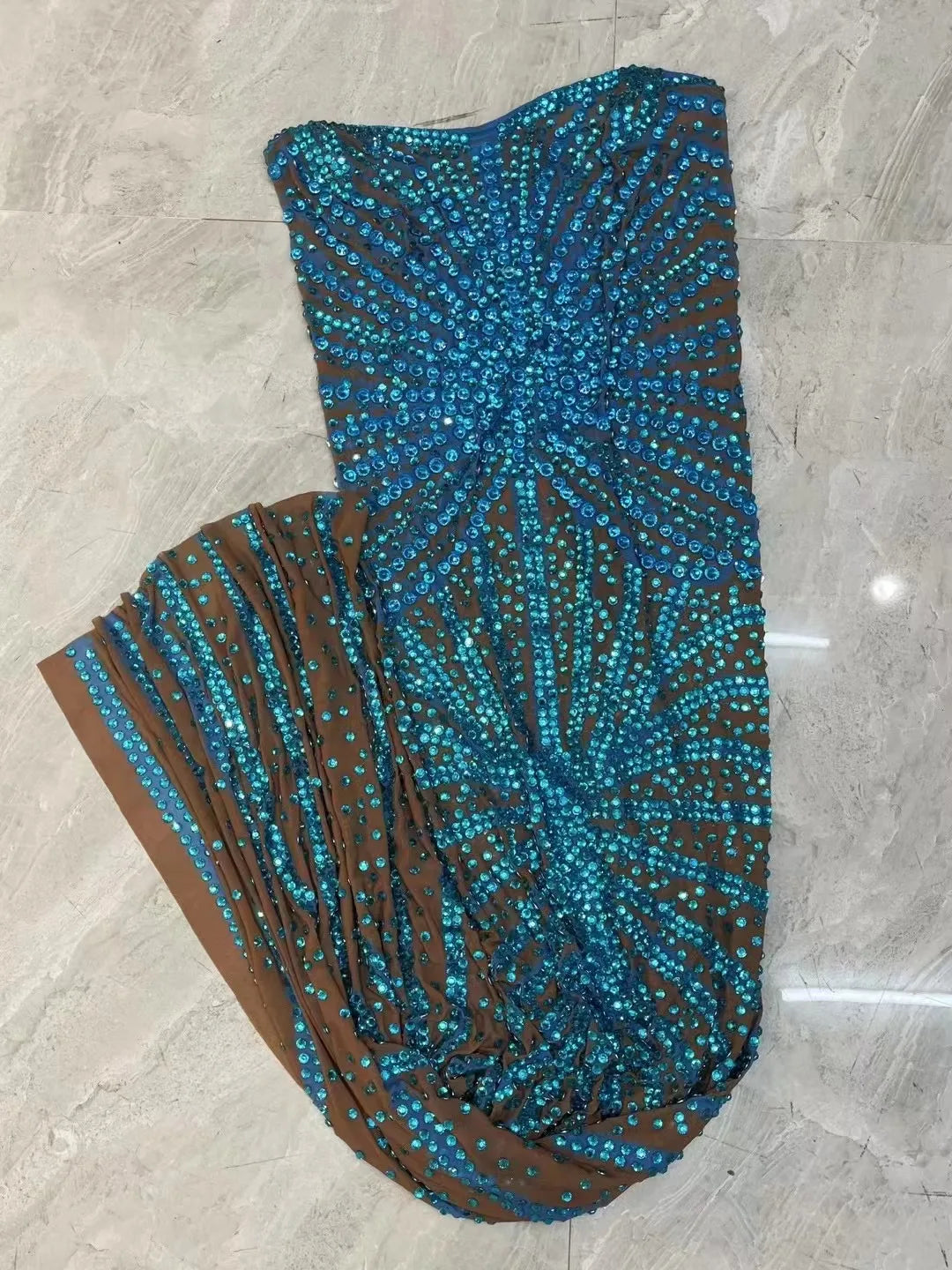 Sparkly Blue Beads Rhinestones Sleeveless Dress Evening Birthday Celebrate Sexy Backless Dance Costume Prom Photoshoot Gowns