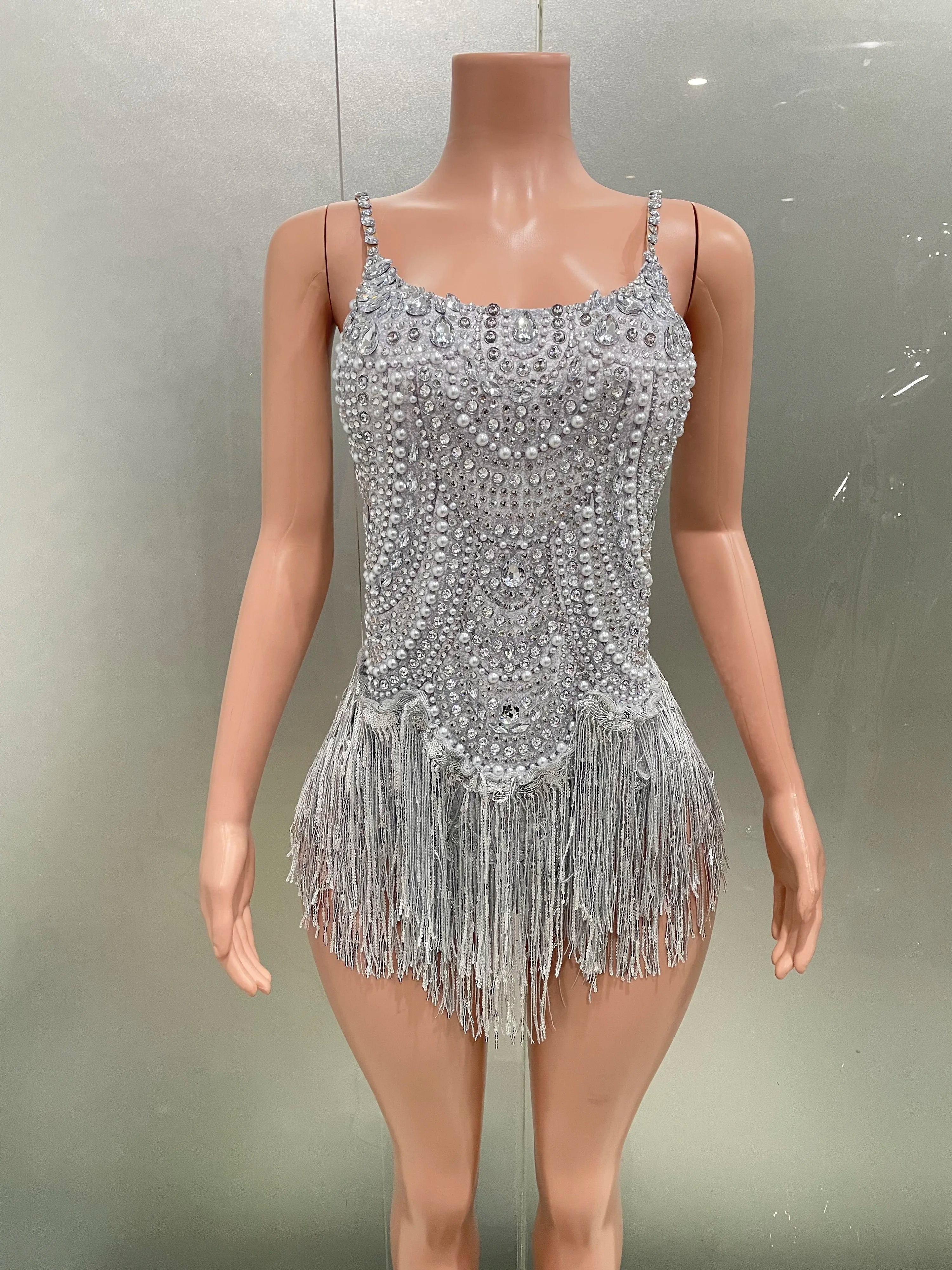 Sparkly Blue Rhinestones Tassels Bodysuit Women Sexy Show Performance Dance Costume Nightclub Outfit Singer Dancer Stage Wear