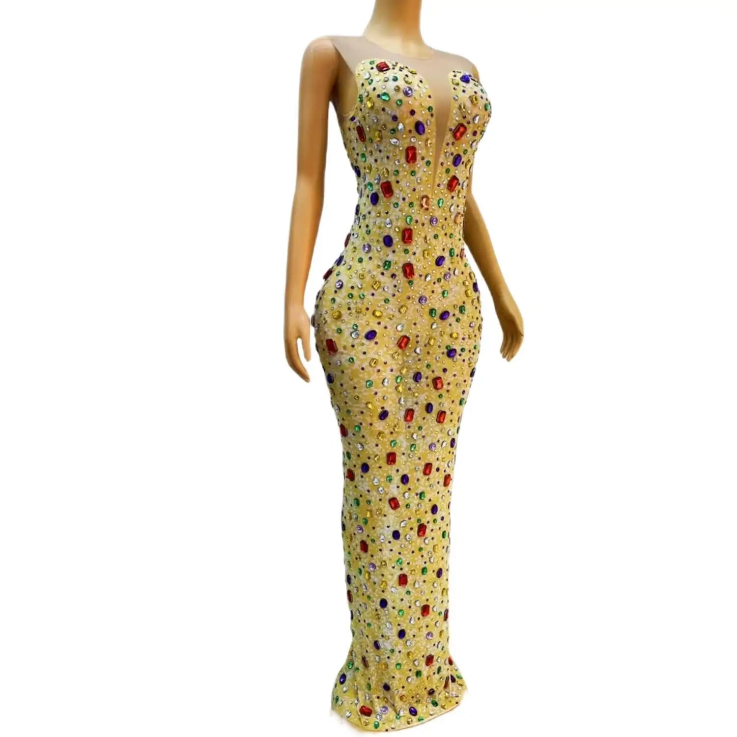 Sparkly Colorful Crystals Luxury Diamond Women Birthday Party Gowns Sexy Sheer Mesh Black Girl Long Prom Dresses