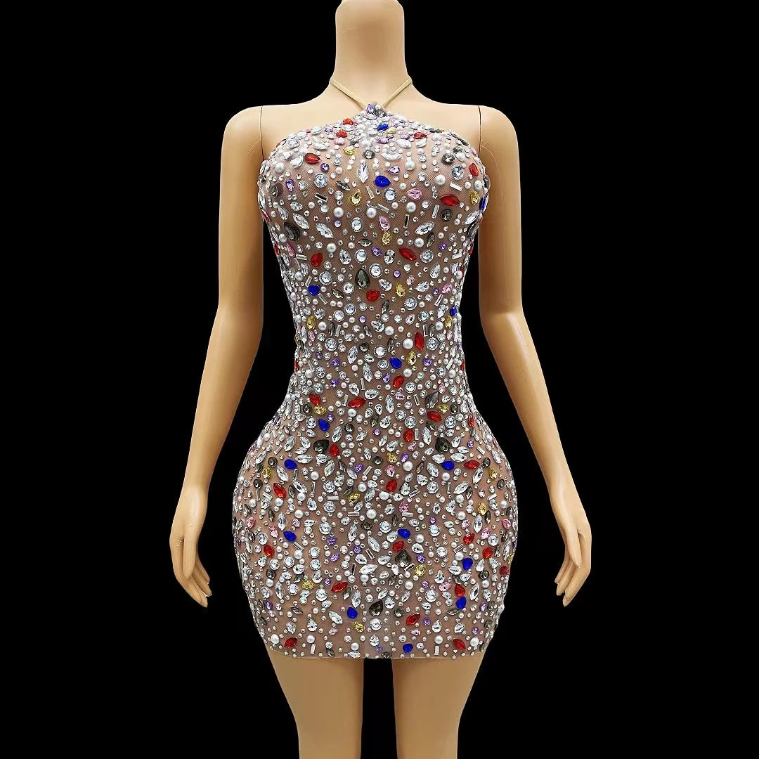 Sparkly Colorful Diamond Sheer See Through Halter Dresses Sexy Black Girls Mini Short Prom Dresses for Birthday Party