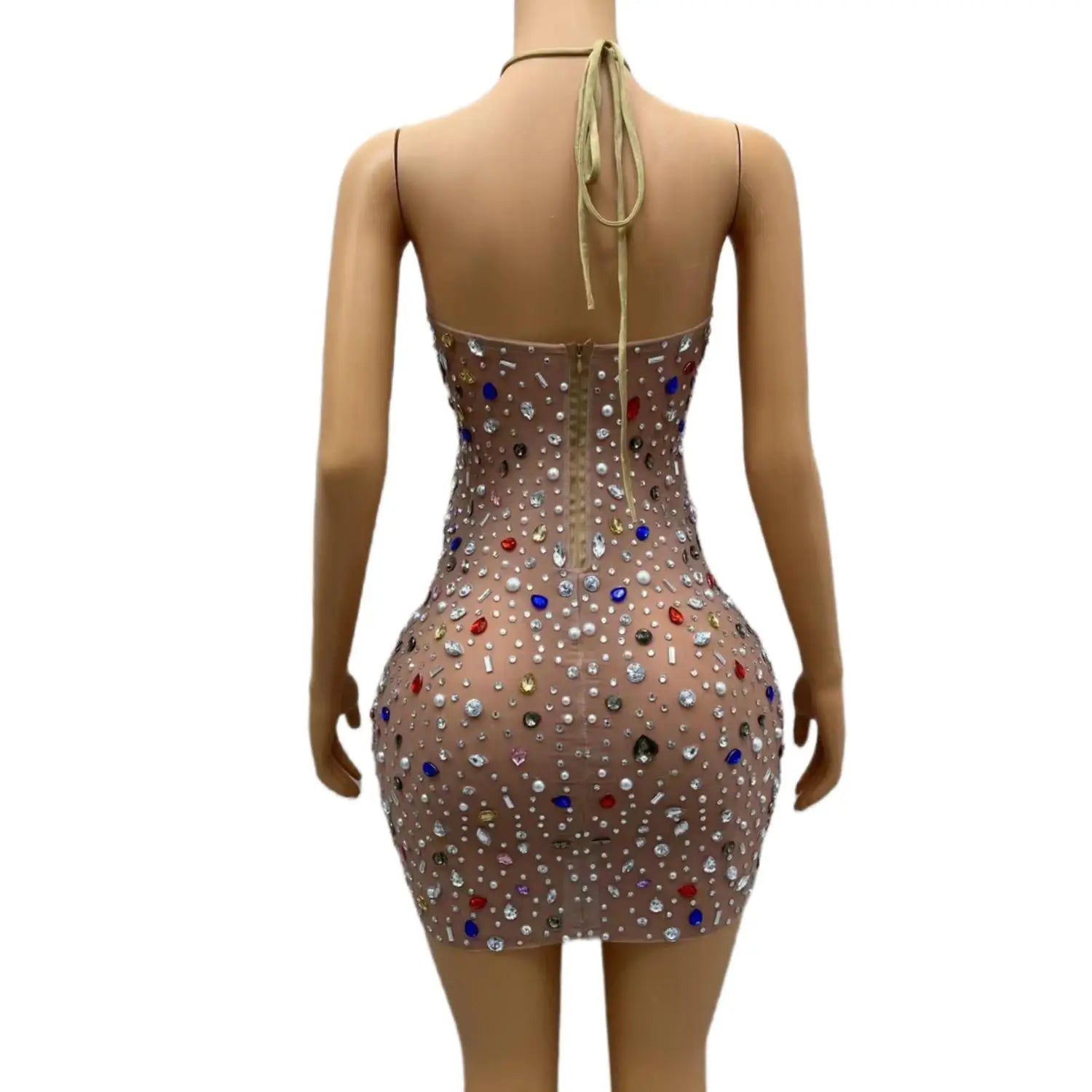 Sparkly Colorful Diamond Sheer See Through Halter Dresses Sexy Black Girls Mini Short Prom Dresses for Birthday Party