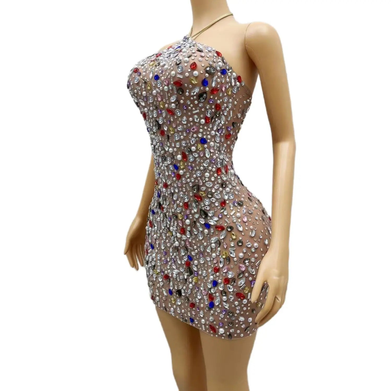 Sparkly Colorful Diamond Sheer See Through Halter Dresses Sexy Black Girls Mini Short Prom Dresses for Birthday Party