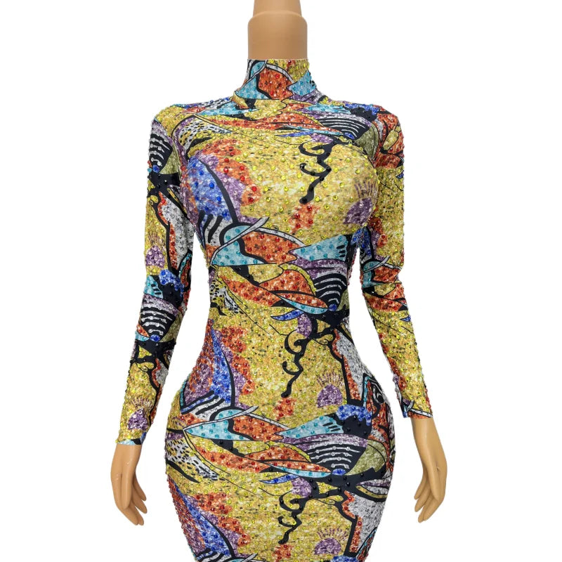 Sparkly Colorful Pattern Rhinestones Evening Birthday Celebrate Long Sleeves Dress Stage Costume