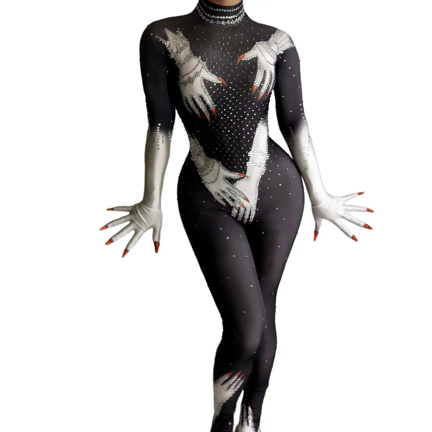 Women Sparkly Rhinestones Stretchy Jumpsuit Long Sleeves Gloves Tights Performance Dance Costume Singer Show Stage Wear Bazhang