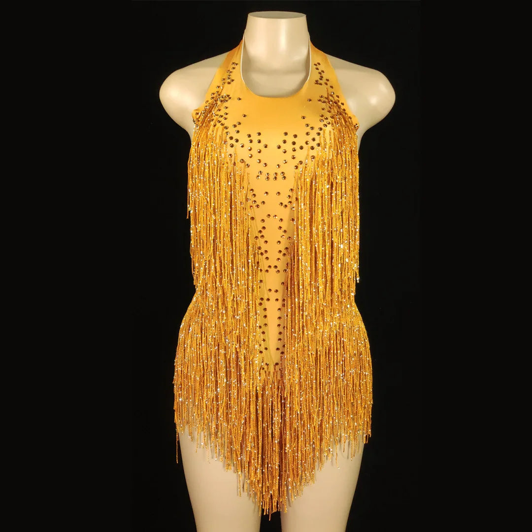 Sparkly Crystals  Fringe Bodysuit Women DJ Jazz Dance Costume with Rhinestones Stage Performance Nightclub Show Outfit