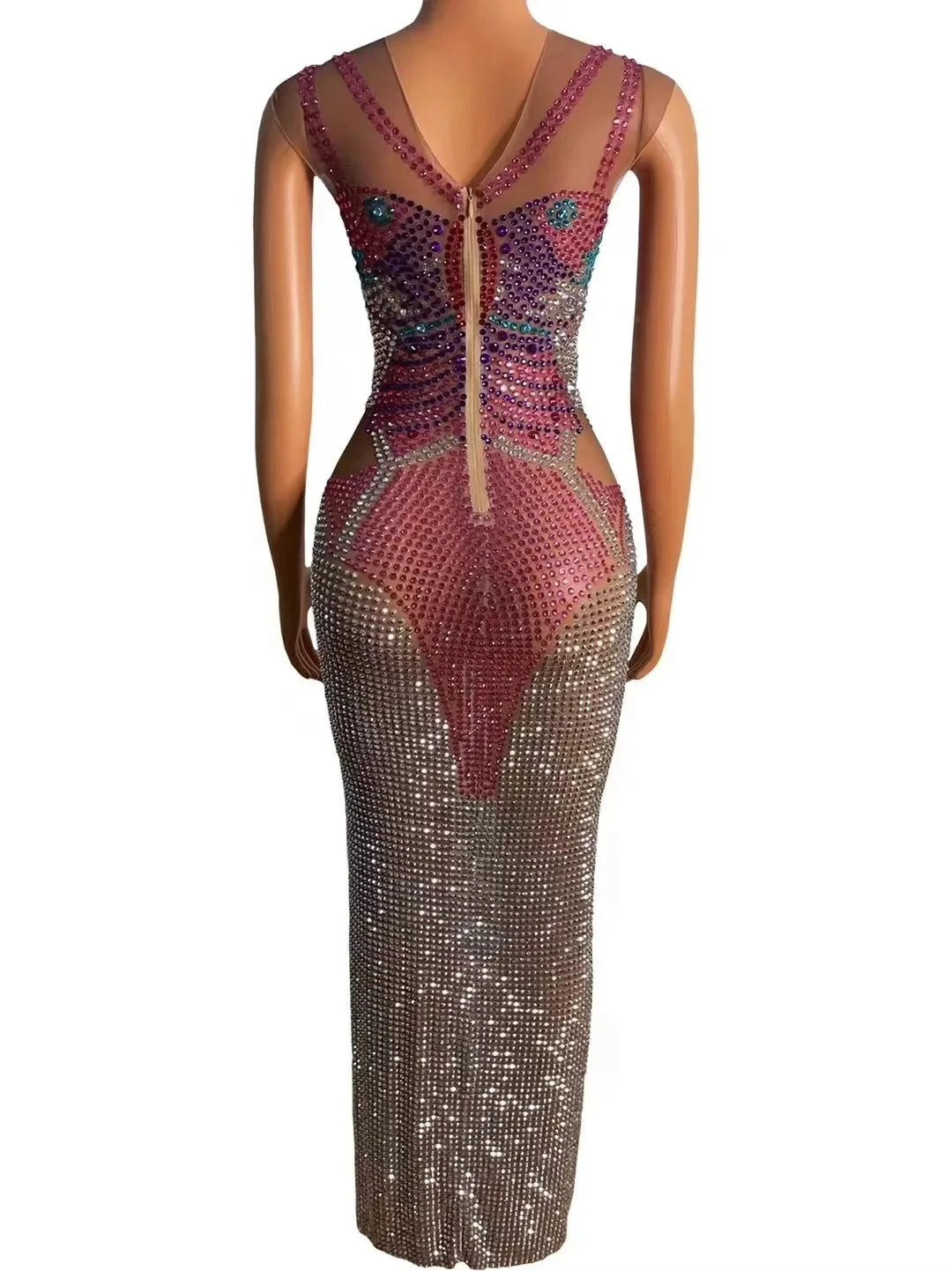 Sparkly Full Rhinestones Stretch Mesh See-through Sleeveless Long Dress Sexy Birthday Prom Celebrate Evening Dress Photo Shoot