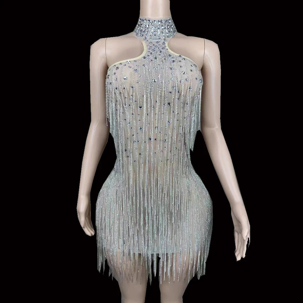 Sparkly Halter Backless Rhinestone Chains Tassel Latin Dance Bodycon Dress Sexy Mini Dress Women Evening Prom Photoshoot Dress