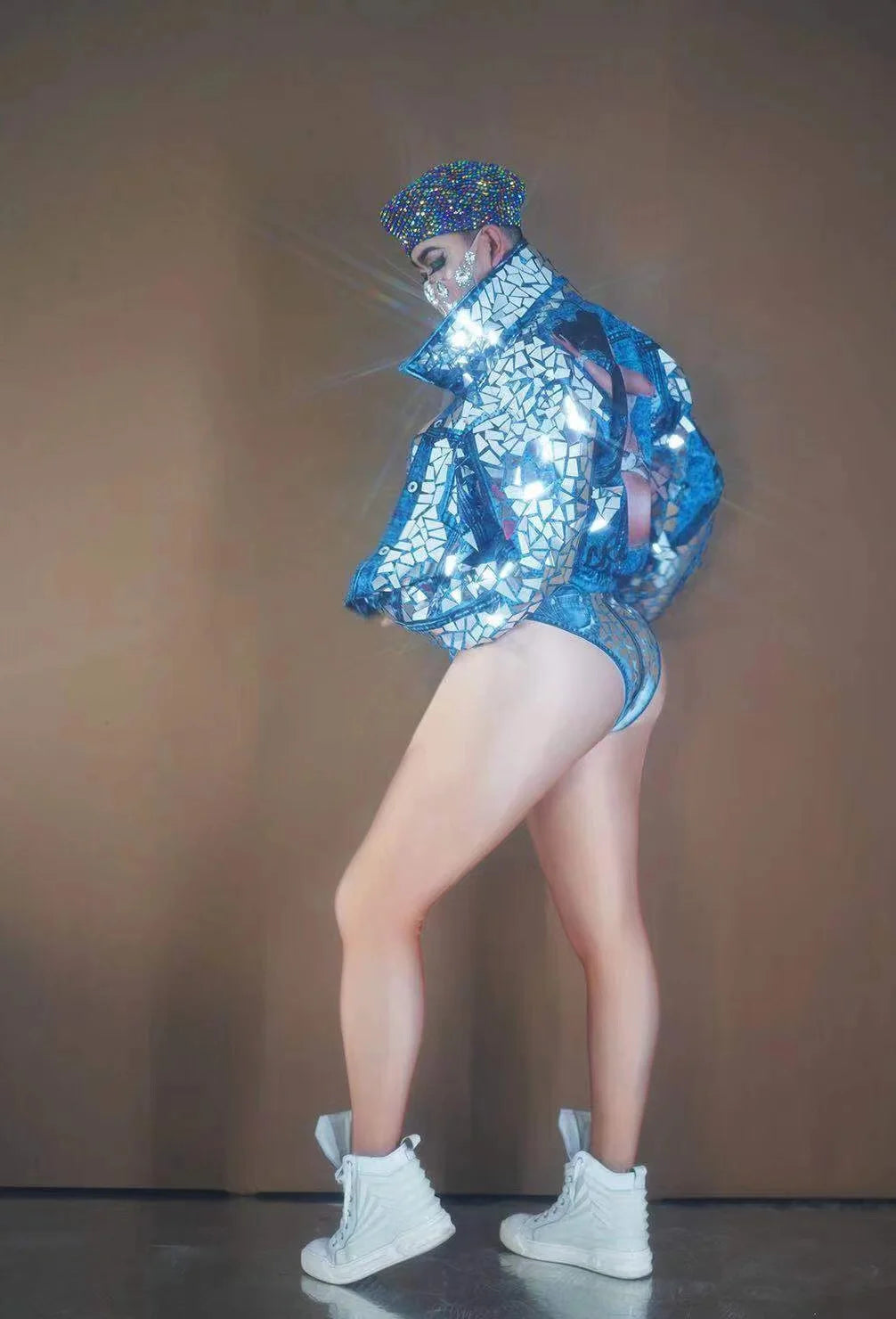 Sparkly Mirror Jacket Bodysuit Stage Costumes Women Singer Performance Outfit Modern Nightclub Party Wear Bar Dj Rave Clothes