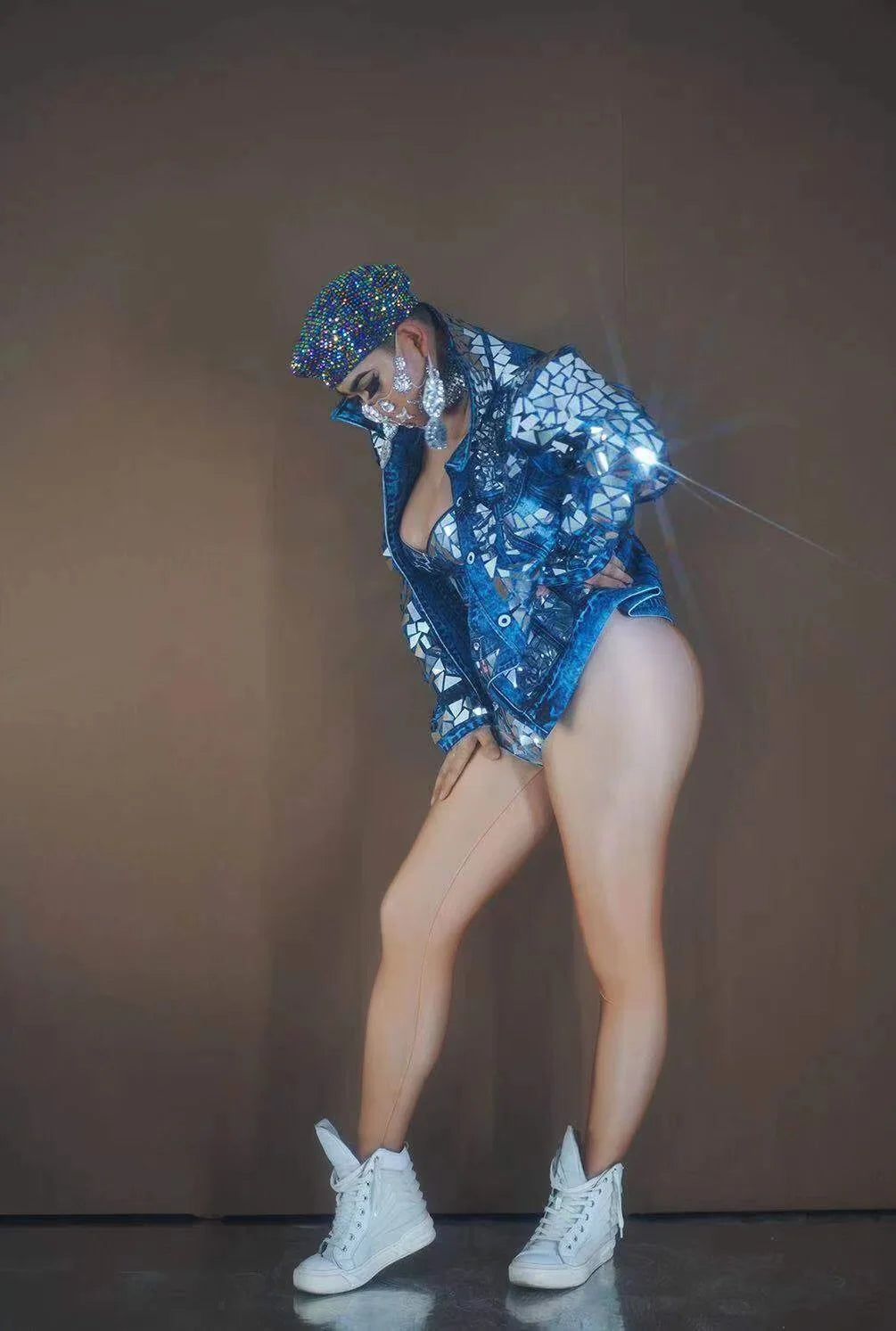 Sparkly Mirror Jacket Bodysuit Stage Costumes Women Singer Performance Outfit Modern Nightclub Party Wear Bar Dj Rave Clothes