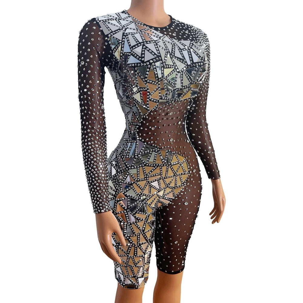 Sparkly Mirrors Silver Rhinestones Black Mesh Bodysuit Women Evening Party Birthday Outfit Sexy Mesh Performance Dance Costume
