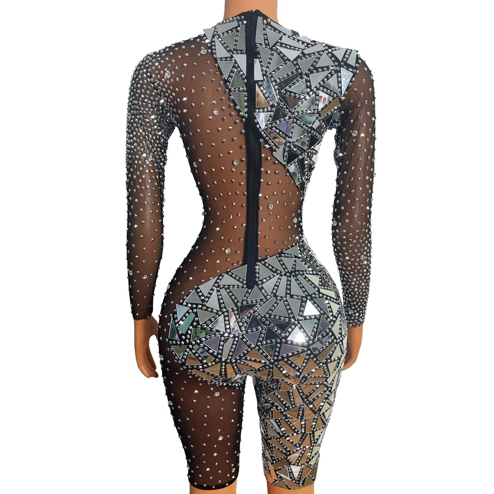 Sparkly Mirrors Silver Rhinestones Black Mesh Bodysuit Women Evening Party Birthday Outfit Sexy Mesh Performance Dance Costume