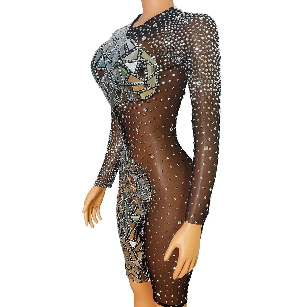 Sparkly Mirrors Silver Rhinestones Black Mesh Bodysuit Women Evening Party Birthday Outfit Sexy Mesh Performance Dance Costume