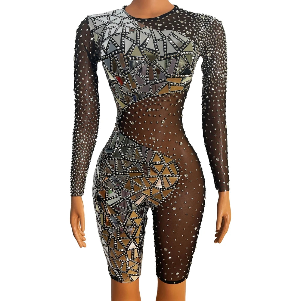 Sparkly Mirrors Silver Rhinestones Black Mesh Bodysuit Women Evening Party Birthday Outfit Sexy Mesh Performance Dance Costume