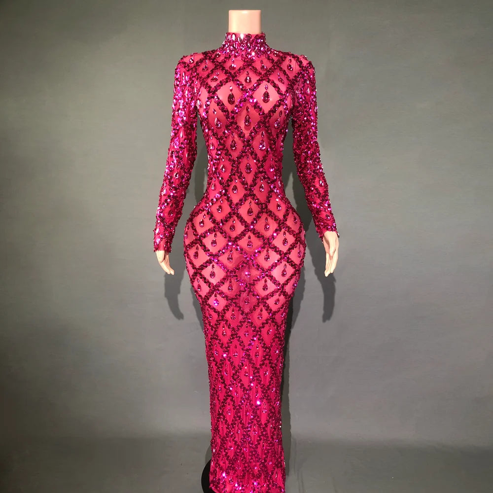 Sparkly Purple Diamonds Mesh Celebrate Evening Wedding Prom Birthday Dress Sexy Photoshoot Long Dress Stage Performance Costume